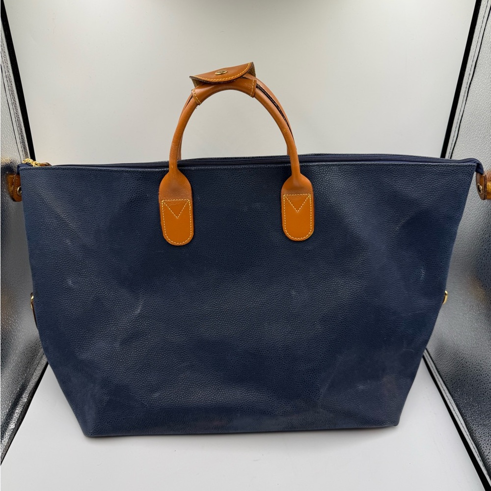 Bric’s Italy Leather Trim Blue Canvas Duffel Bag Weekender Travel Carry On - Picture 5 of 16